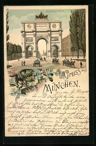 Lithographie München, Siegesthor mit Kutschen