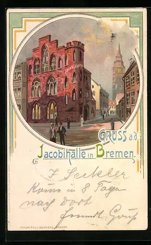 Lithographie Bremen, Jacobihalle mit Strassenpartie