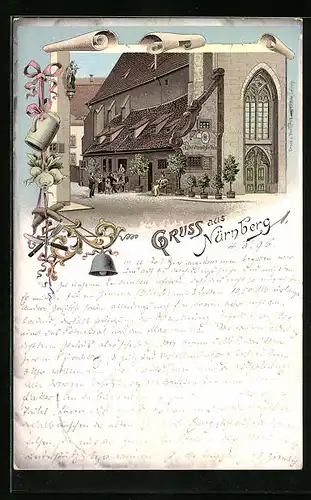 Lithographie Nürnberg, Gasthaus Bratwurstglöcklein mit Gästen