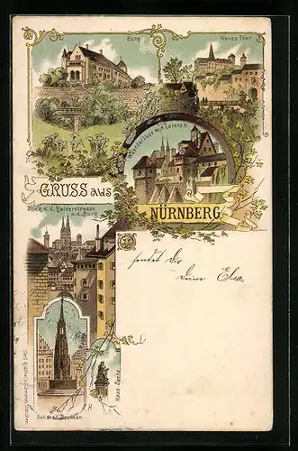 Lithographie Nürnberg, Burg, Neues Thor, Schöner Brunnen