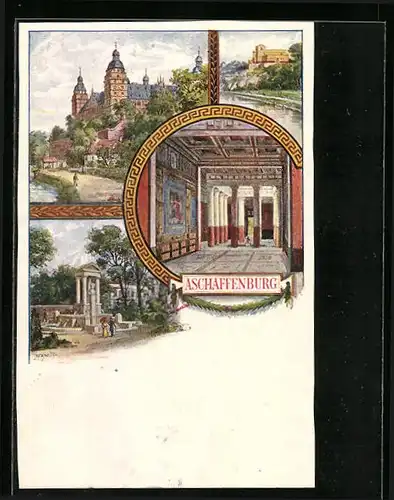 Lithographie Aschaffenburg, Ortsansichten mit römischem Tempel