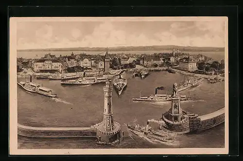 AK Lindau i. B., Hafeneinfahrt aus der Vogelschau mit anlegenden Schiffen