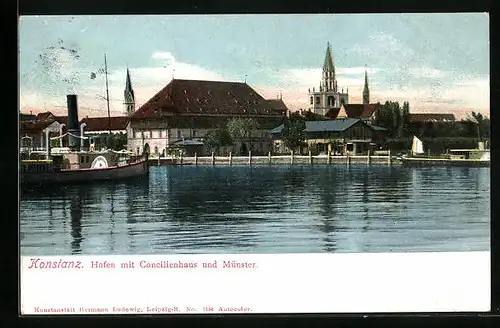 AK Konstanz, Hafen mit Concilienhaus und Münster