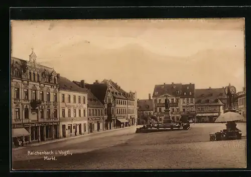 AK Reichenbach i. Vogtl., Markt mit Restaurant & Cafe, Geschäften und Denkmal