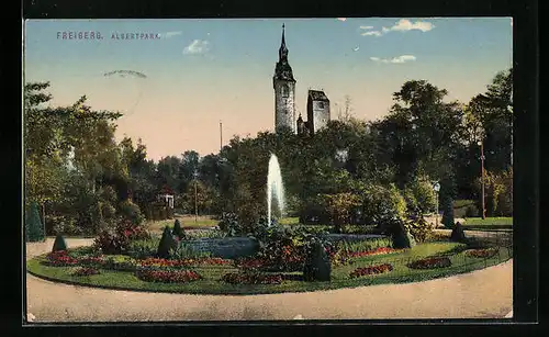 AK Freiberg, Albertpark mit Springbrunnen