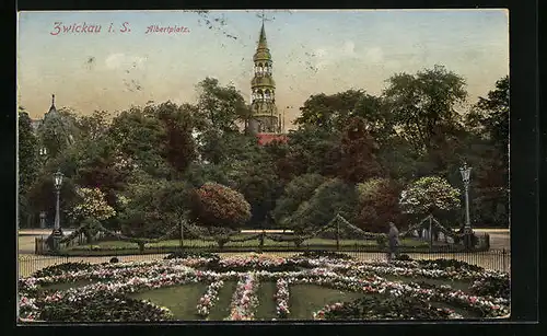 AK Zwickau i. S., Albertplatz mit Blumenbeet