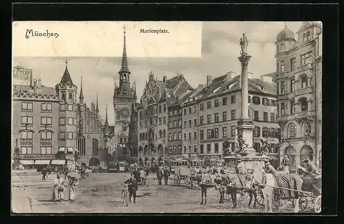 AK München, Marienplatz mit Geschäften und Denkmal, Strassenbahn