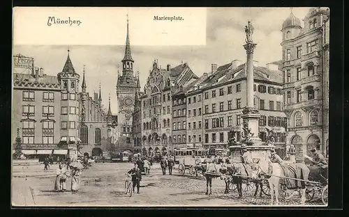 AK München, Marienplatz mit Geschäften und Denkmal, Strassenbahn