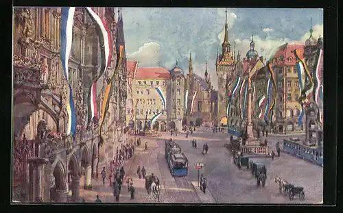 Künstler-AK München, Marienplatz im Flaggenschmuck, Strassenbahn