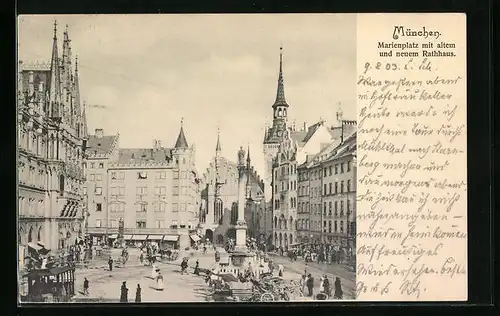 AK München, Marienplatz mit altem und neuem Rathaus