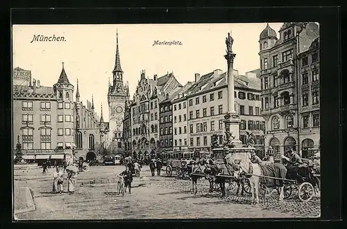 AK München, Marienplatz mit wartenden Droschken