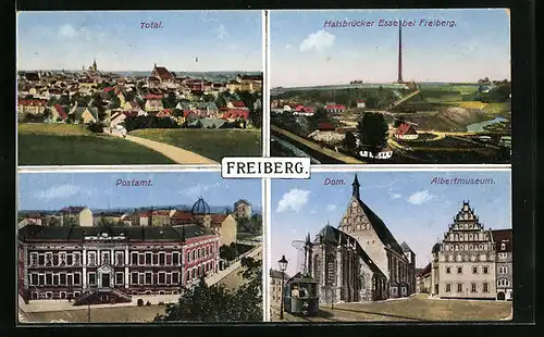 AK Freiberg /Sa., Totalansicht, Halsbrücker Esse, Post, Dom und Albertmuseum