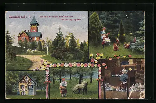 AK Reichenbach i. V., Gasthaus Schöne Aussicht mit den vier Märchenpuppen