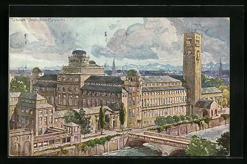 Künstler-AK München, Blick auf deutsches Museum und Isar