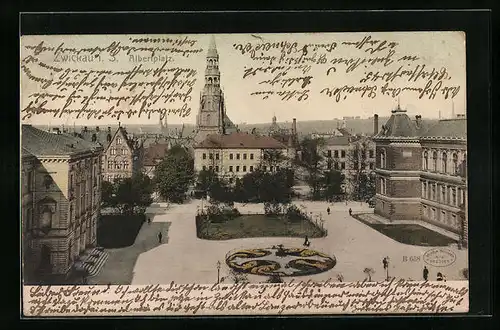 AK Zwickau i. S., Albertplatz mit Kirche
