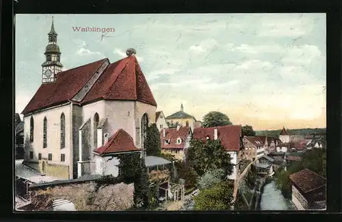 AK Waiblingen, Uferpartie an der Kirche