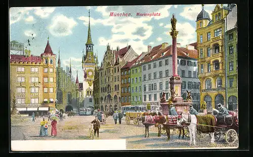AK München, Der Marienplatz, Strassenbahn