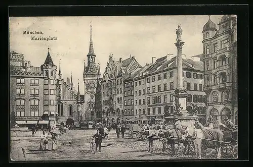 AK München, Marienplatz mit Strassenbahn