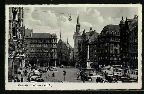 AK München, Marienplatz mit Strassenbahn, Kirche