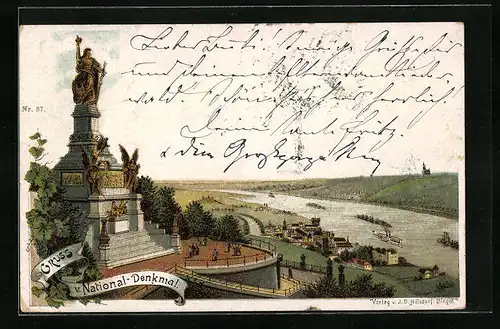 Lithographie Gruss vom National-Denkmal a. d. Niederwald