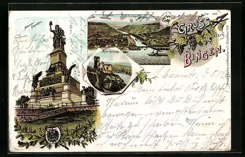 Lithographie Bingen, Teilansicht, National-Denkmal, Ruine Ehrenfels