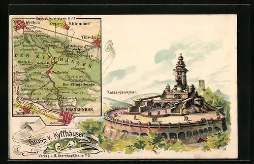 Künstler-AK Sittendorf, Landkarte mit Mönch-B., Tilleda und Kelbra, Kaiserdenkmal