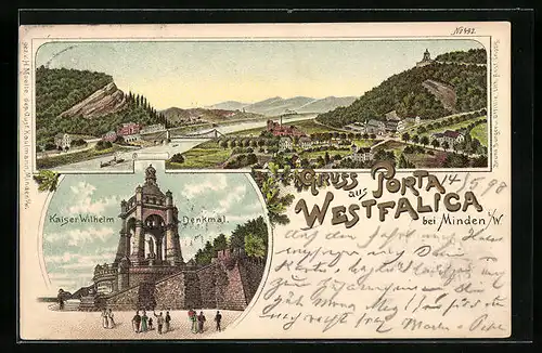 Lithographie Porta Westfalica bei Minden, Teilansicht mit Kaiser Wilhelm-Denkmal