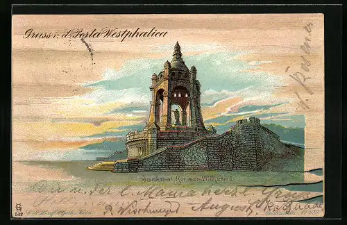 Lithographie Porta Westphalica, Denkmal Kaiser Wilhelm I.