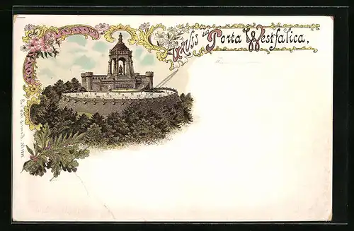 Lithographie Porta Westfalica, Kaiser-Wilhelm-Denkmal