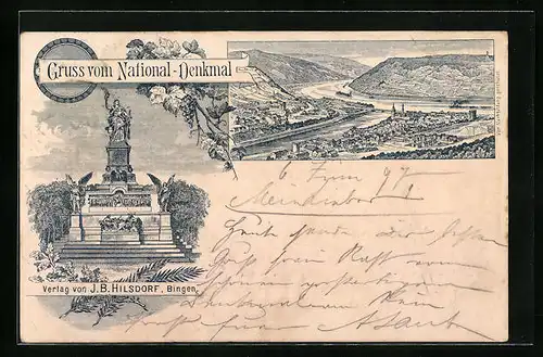 Lithographie Rüdesheim am Rhein, National-Denkmal, Teilansicht