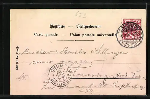 Lithographie Rüdesheim am Rhein, National-Denkmal, Teilansicht