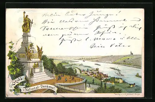 Lithographie Gruss vom National-Denkmal