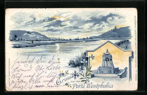 Lithographie Porta Westphalica, Uferpartie bei Mondschein, Kaiser Wilhelm-Denkmal