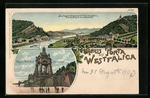 Lithographie Porta Westfalica, Teilansicht mit Kaiser Wilhelm Denkmal