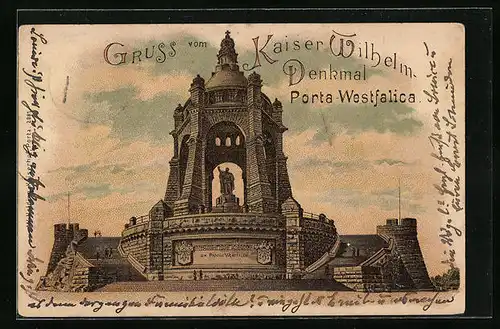 Lithographie Porta Westfalica, Kaiser Wilhelm-Denkmal