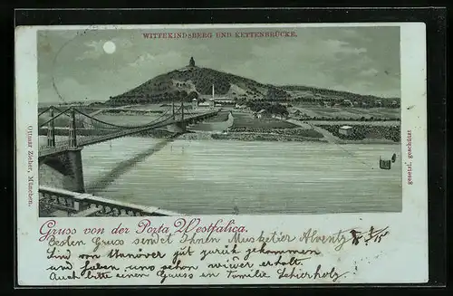 Mondschein-Lithographie Porta Westfalica, Wittekindsberg und Kettenbrücke