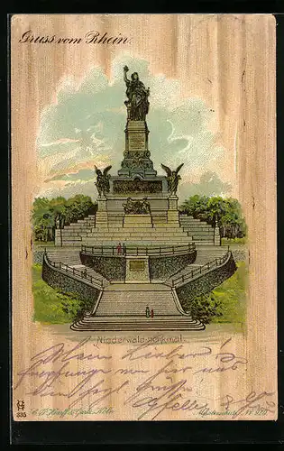 Lithographie Gruss vom Rhein, Niederwald-Denkmal