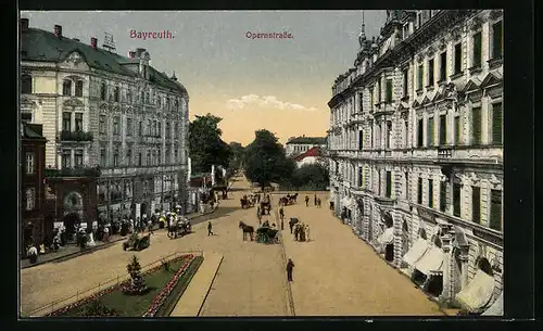AK Bayreuth, Opernstrasse mit Geschäften und Pferdewägen