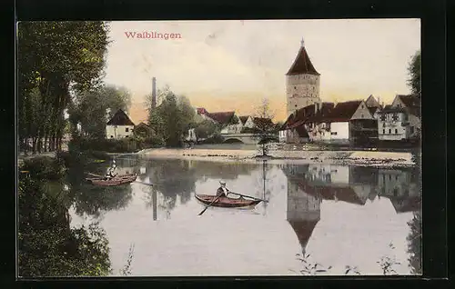 AK Waiblingen, Uferpartie mit Booten