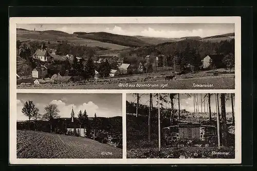 AK Bösenbrunn /Vgtl., Totalansicht, Kirche, Ehrenmal