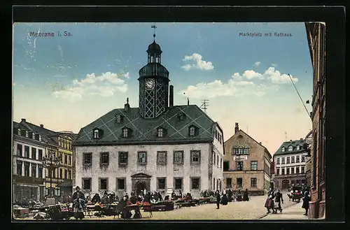 AK Meerane i. Sa., Marktplatz mit Rathaus