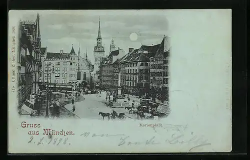 Mondschein-AK München, Marienplatz mit Pferdekutschen