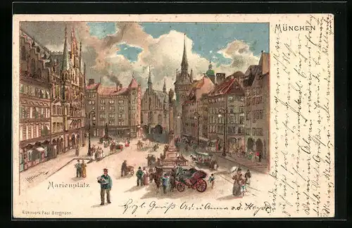 Künstler-AK München, Marienplatz mit Passanten