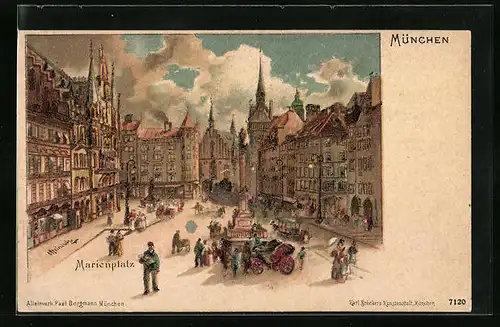 Künstler-AK Karl Heinisch: München, Marienplatz mit altem und neuem Rathaus