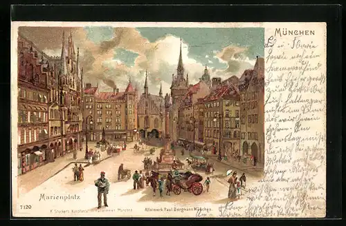 Künstler-AK Karl Heinisch: München, Marienplatz mit altem und neuem Rathaus