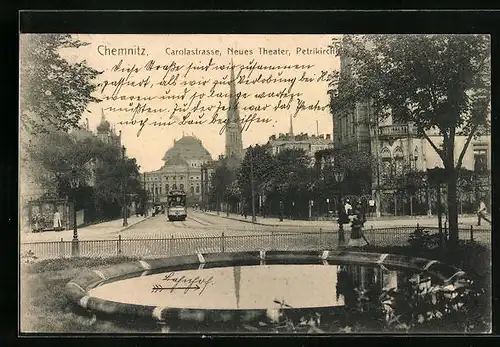AK Chemnitz, Carolastrasse, Neues Theater, Petrikirche, Strassenbahn