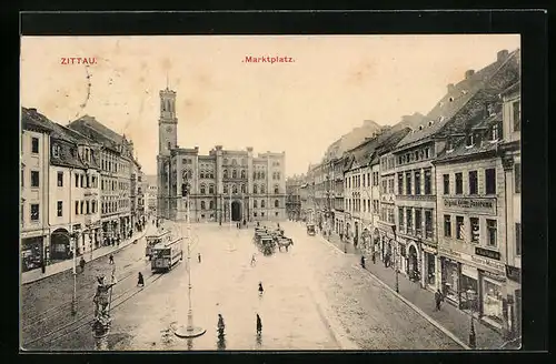AK Zittau, Blick auf den Marktplatz, Strassenbahn