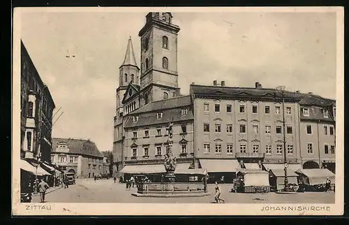 AK Zittau, Johanniskirche mit Brunnen und Marktständen