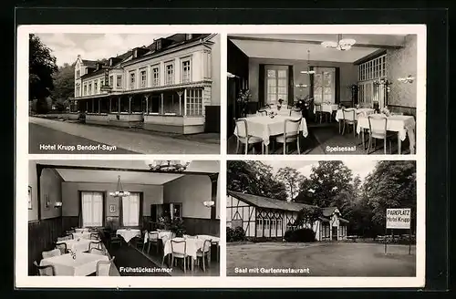 AK Bendorf /Sayn, Hotel-Restaurant Krupp, Speisesaal, Frühstückszimmer und Gartenrestaurant