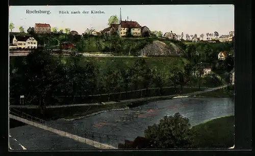 Goldfenster-AK Rochsburg, Blick nach der Kirche